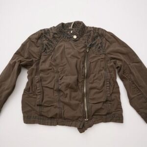 Free People Dark Grey Washed Cotton Embroidered Moto Jacket Women's Size 6